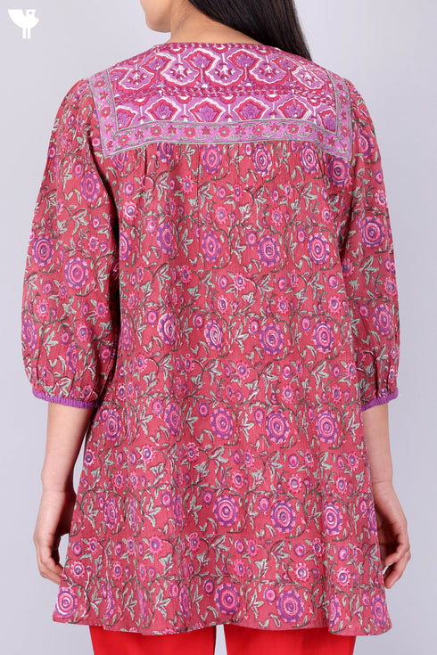 Cotton Crepe Peasant Top In Floral Block Print