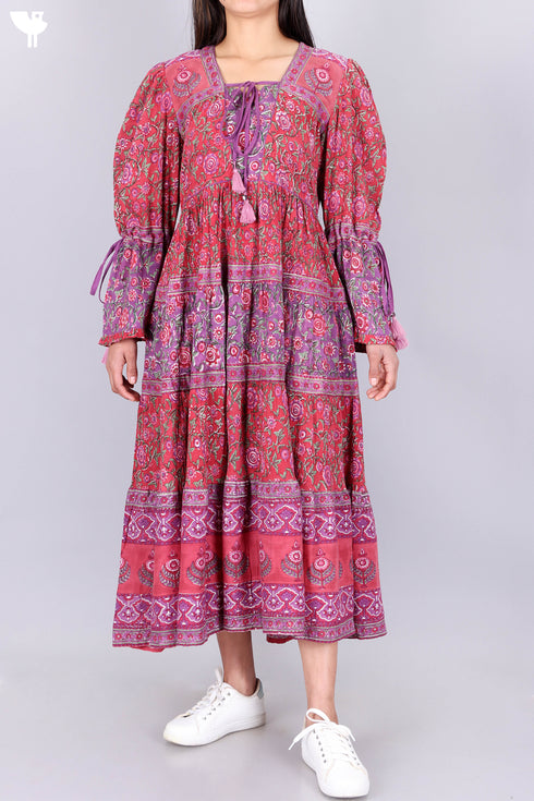 Crepe Cotton Tiered Dress In Assorted Block Print