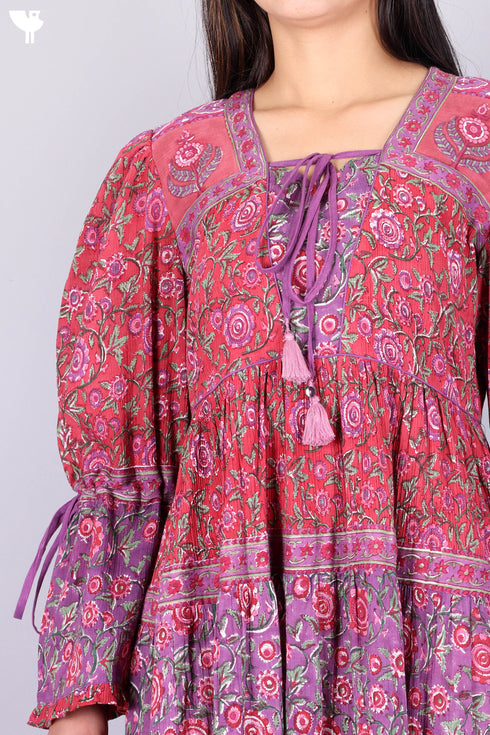 Crepe Cotton Tiered Dress In Assorted Block Print