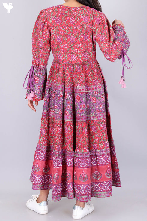 Crepe Cotton Tiered Dress In Assorted Block Print