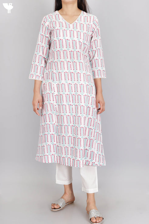 Slub Cotton Kurta In Floral Block Print