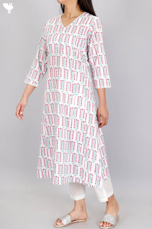 Slub Cotton Kurta In Floral Block Print