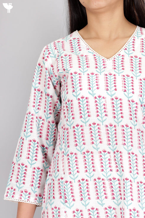 Slub Cotton Kurta In Floral Block Print