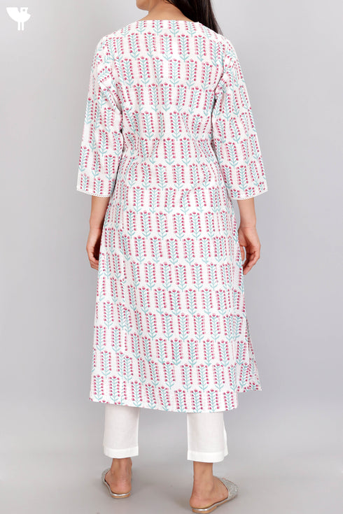 Slub Cotton Kurta In Floral Block Print