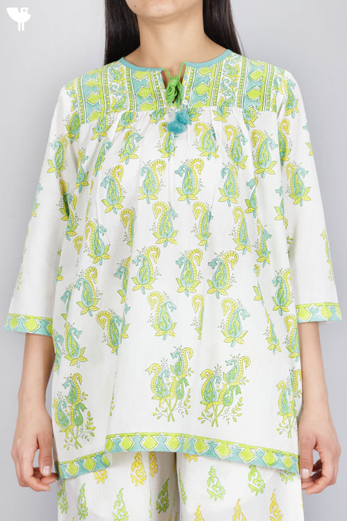 Cambric Cotton Peasant Top In Floral Block Print