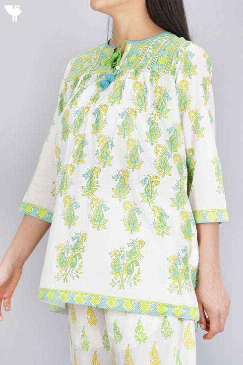 Cambric Cotton Peasant Top In Floral Block Print