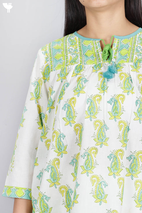 Cambric Cotton Peasant Top In Floral Block Print