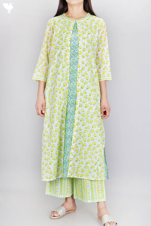 Mulmul Cotton Overlay Kurta Floral Block Print
