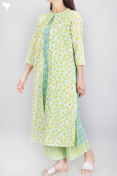 Mulmul Cotton Overlay Kurta Floral Block Print