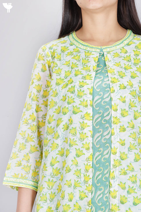 Mulmul Cotton Overlay Kurta Floral Block Print