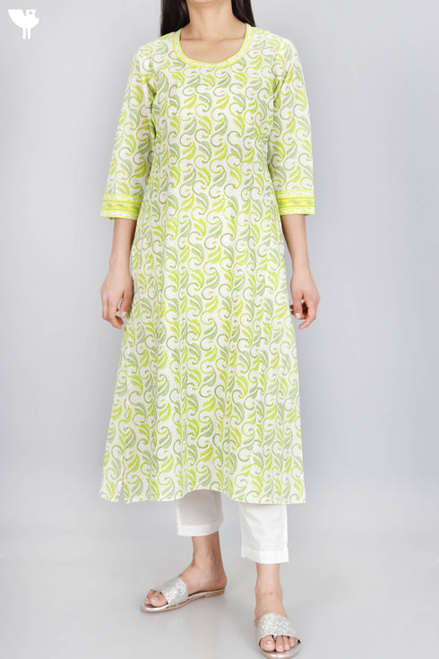 Slub Cotton KurtaIn Floral Block Print
