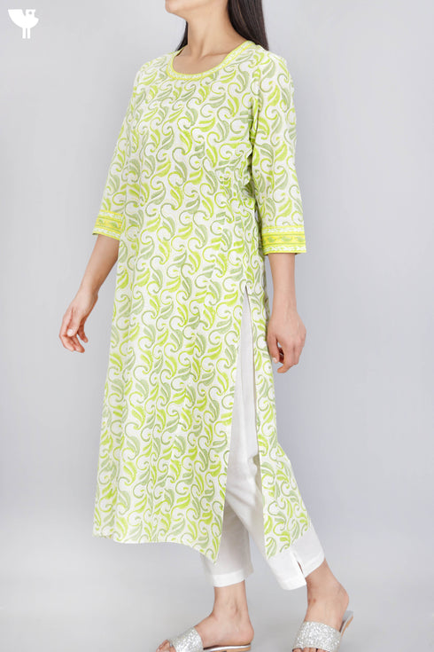 Slub Cotton KurtaIn Floral Block Print