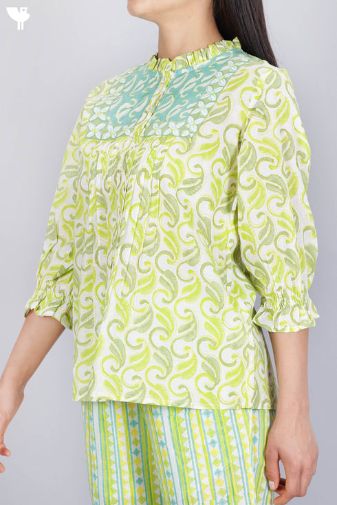 Slub Cotton Pintucked Top In Block Print