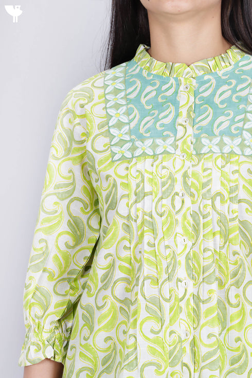 Slub Cotton Pintucked Top In Block Print