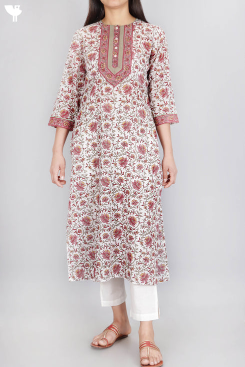 Mulmul Cotton Kurta In Floral Block Print