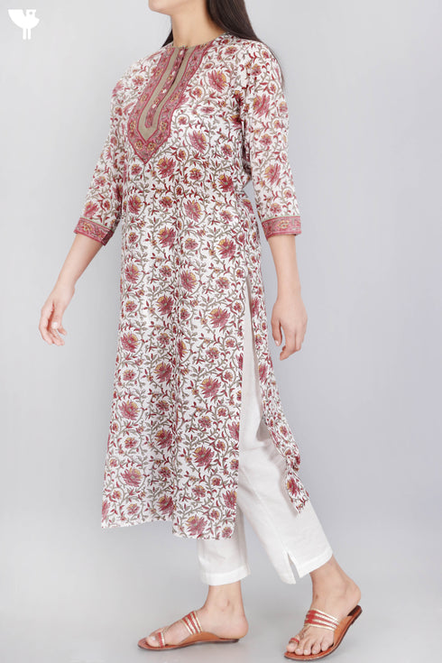 Mulmul Cotton Kurta In Floral Block Print