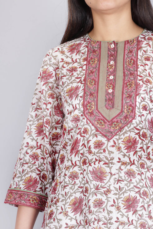 Mulmul Cotton Kurta In Floral Block Print