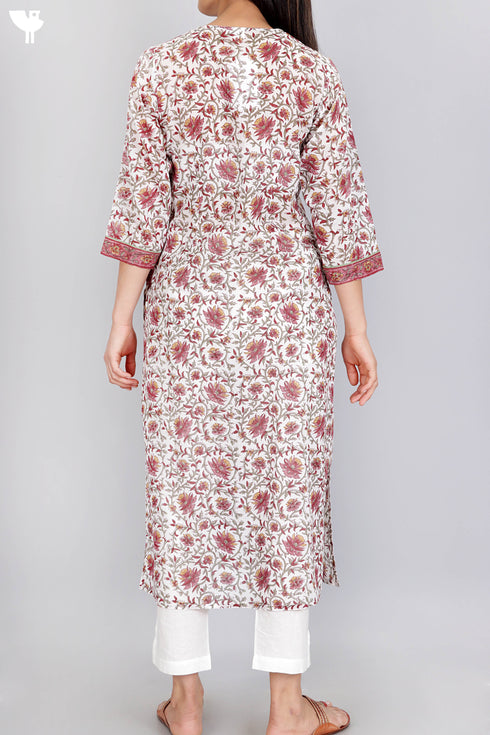 Mulmul Cotton Kurta In Floral Block Print