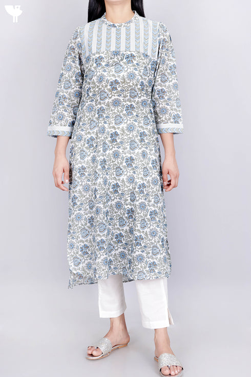 Mulmul Kurta With Floral Block Print