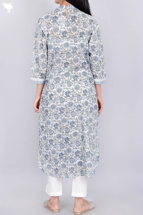 Mulmul Kurta With Floral Block Print