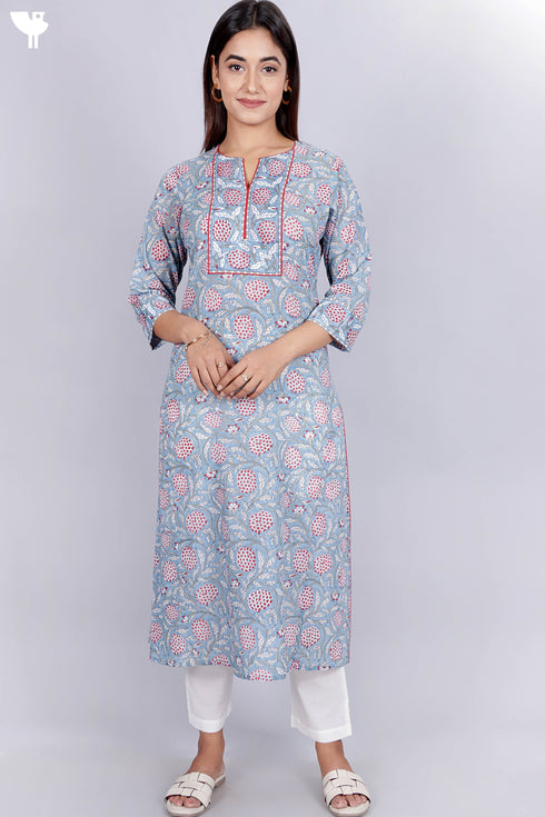 Mulmul Kurta With Floral Block Print