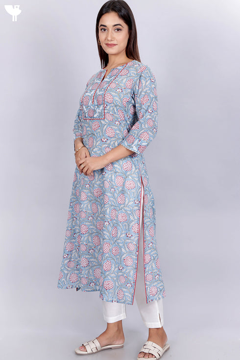 Mulmul Kurta With Floral Block Print