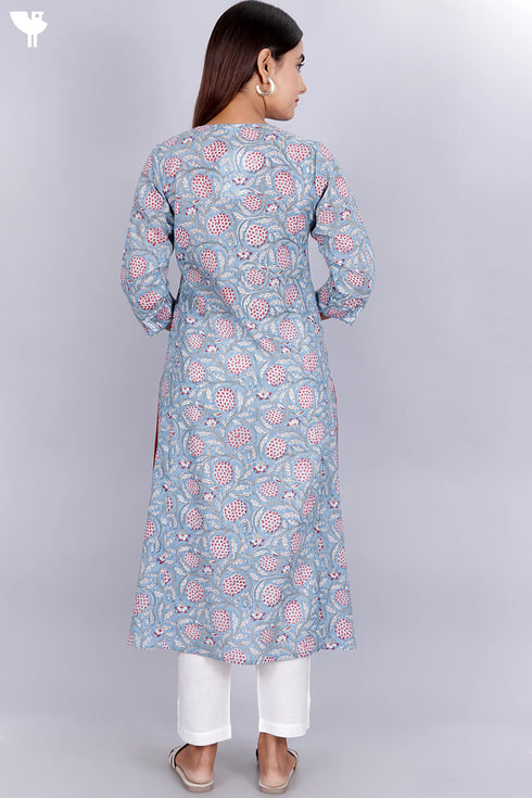 Mulmul Kurta With Floral Block Print
