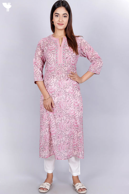 Mulmul Cotton Kurta In Floral Block Print