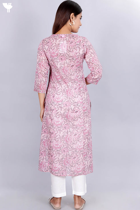 Mulmul Cotton Kurta In Floral Block Print