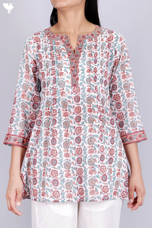 Mulmul Cotton Pintuck Top In Floral Block Print