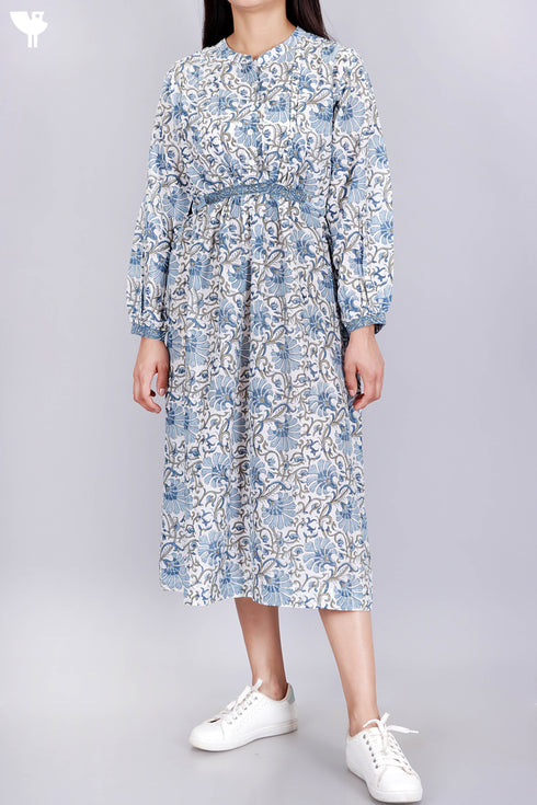 Cotton Silk Midi Dress With Floral Block Print