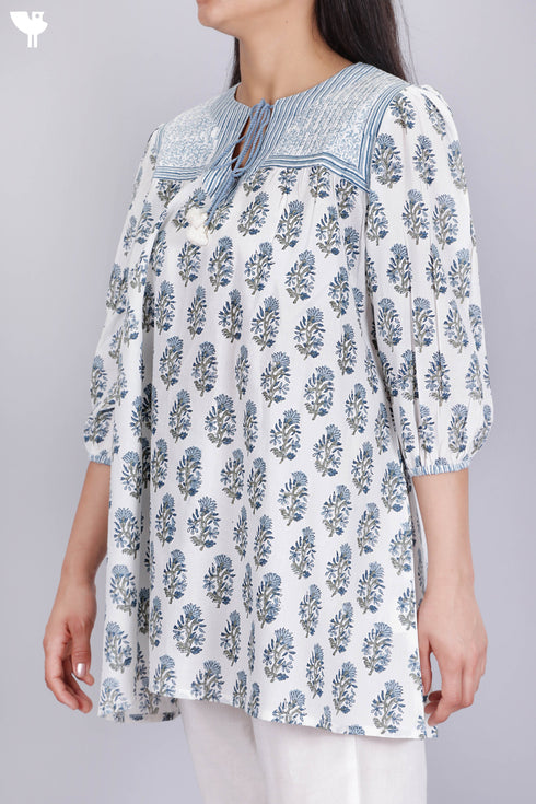Cambric Cotton Peasant Top In Floral Block Print