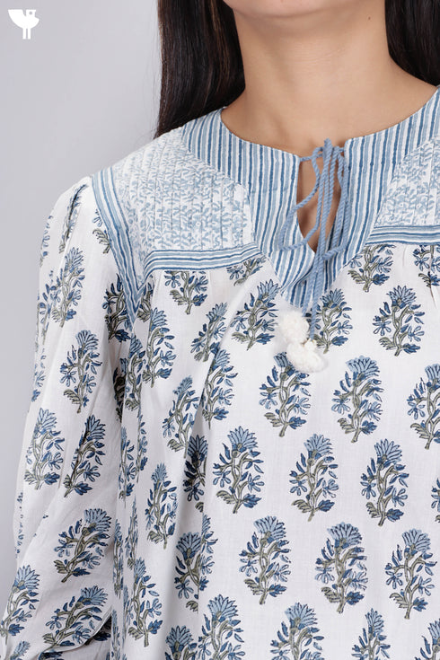 Cambric Cotton Peasant Top In Floral Block Print