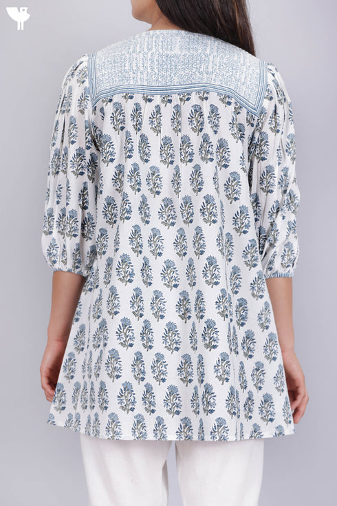 Cambric Cotton Peasant Top In Floral Block Print