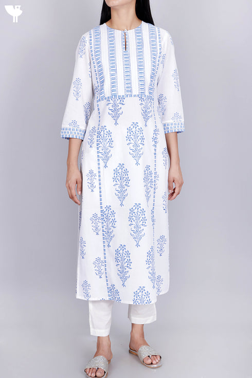 Cambric Cotton Pintucked Kurta In Floral Block Print