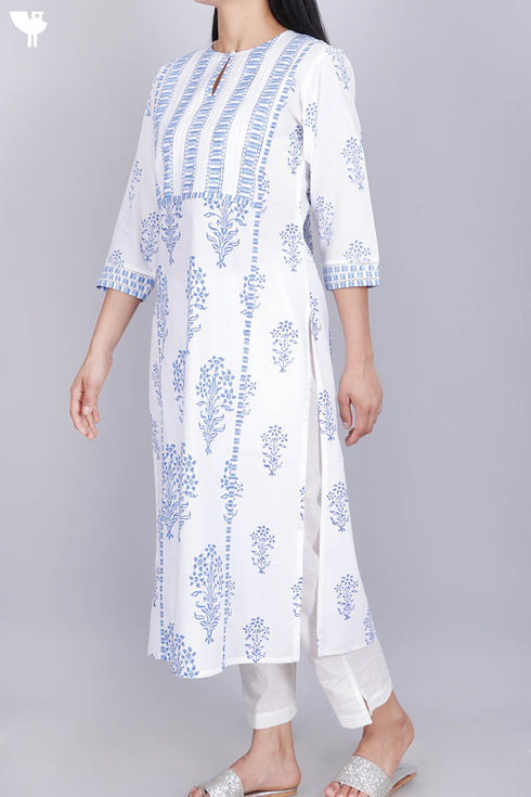 Cambric Cotton Pintucked Kurta In Floral Block Print