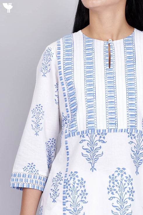 Cambric Cotton Pintucked Kurta In Floral Block Print