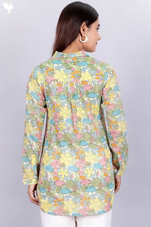 Mulmul Cotton Pleated Shirt In Floral Block Print