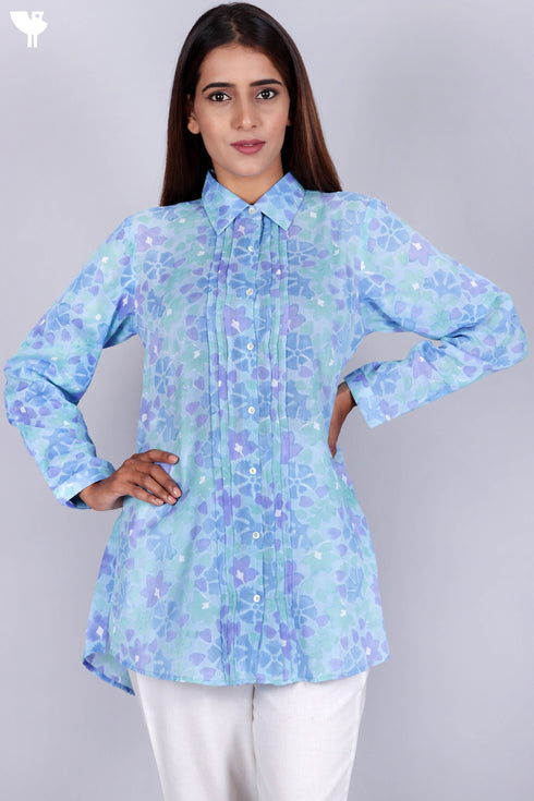 Mulmul Cotton Pleated Shirt In Floral Block Print