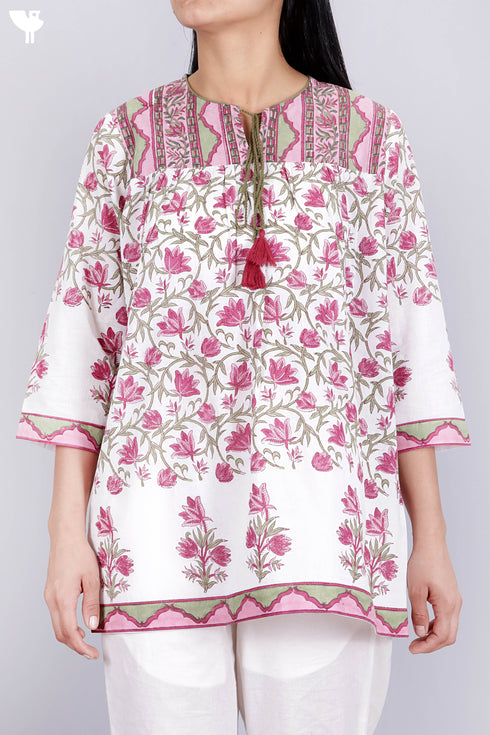 Cambric Cotton Peasant Top In Floral Block Print