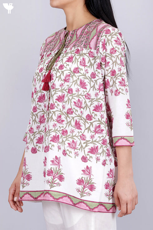 Cambric Cotton Peasant Top In Floral Block Print