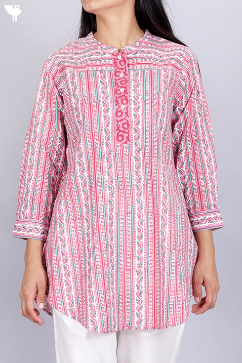 Cambric Cotton Top In Graphic Block Print