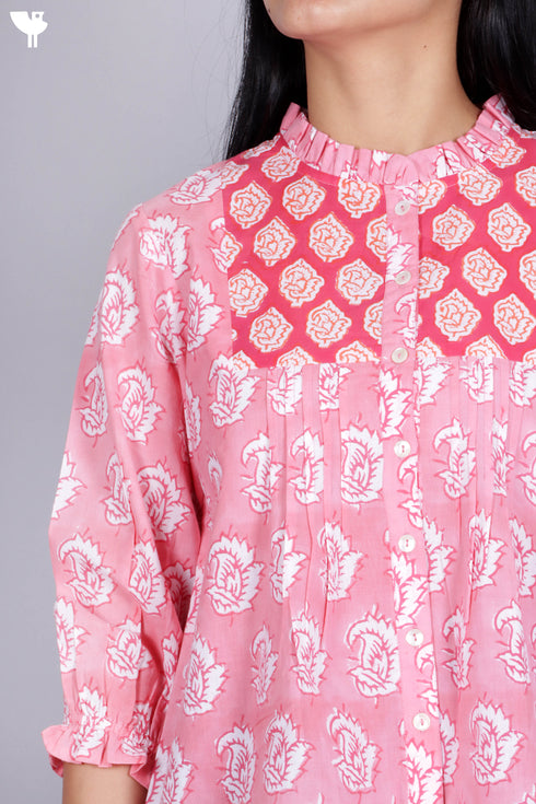 Mulmul Cotton Top In Floral Block Print