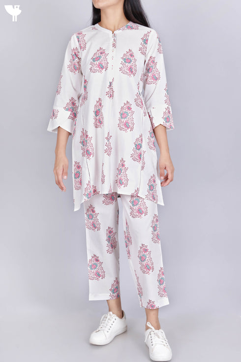 Cambric Cotton Co-Ord Set In Floral Block Print