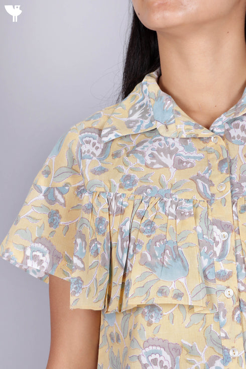 Cambric Cotton Button Down Top In Floral Block Print
