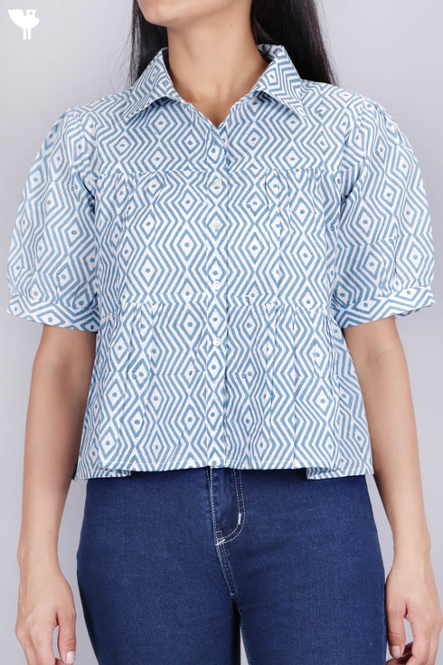 Cambric Cotton Shirt In Geometric Block Print