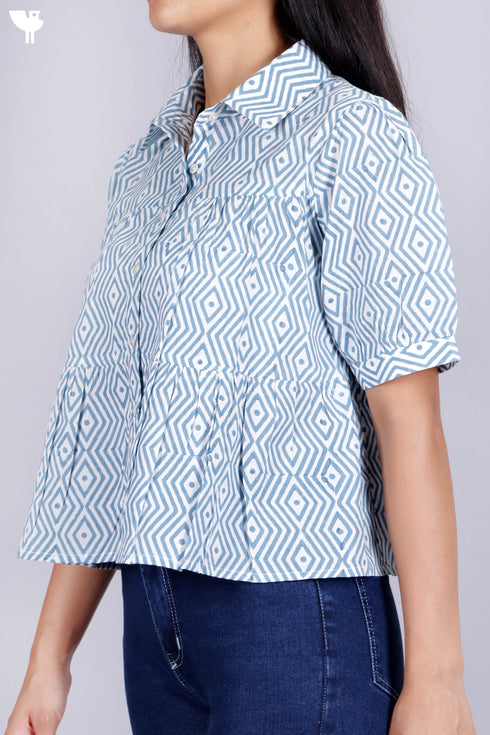 Cambric Cotton Shirt In Geometric Block Print