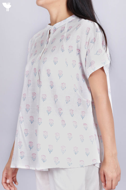 Slub Cotton Shirt In Floral Block Print
