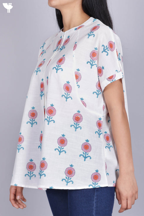 Slub Cotton Shirt In Floral Block Print