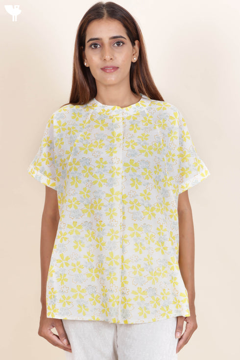 Slub Cotton Shirt In Floral Block Print